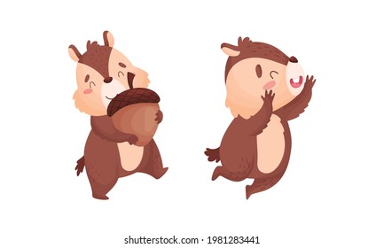 Cartoon Chipmunk Holding Acorn and Jumping Vector Set