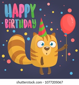 Cartoon chipmunk holding red balloon. Happy birthday postcard vector illustration. Holiday invitation for print or decoration