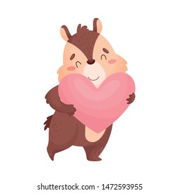Cartoon chipmunk holds heart. Vector illustration on white background.
