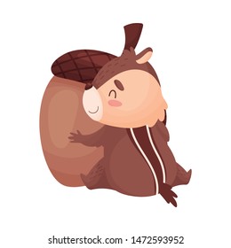 Cartoon chipmunk hugs an acorn. Vector illustration isolated on white background