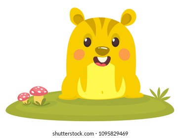 Cartoon chipmunk on grass background. 