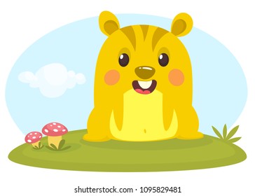 Cartoon chipmunk on grass background.  vector illustration
