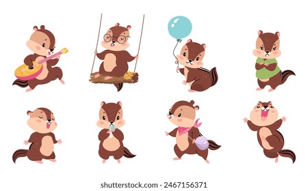 Cartoon chipmunk set. Isolated cute chipmunks different activities. Emotional animal play and eat, sing and has fun. Funny nowaday vector characters