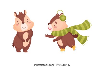 Cartoon Chipmunk Standing and Ice Skating Wearing Scarf Vector Set