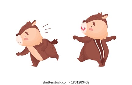 Cartoon Chipmunk with Striped Body Running and Walking Vector Set