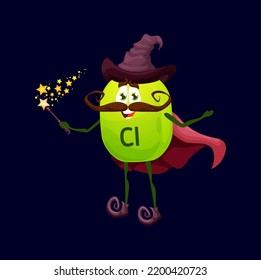 Cartoon chlorium micronutrient warlock character. Isolated vector Cl funny food supplement. Nutrient or element bubble mage, green capsule personage wear witch hat, cape making spell with wand