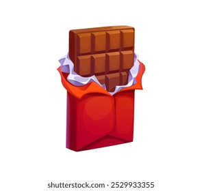 Cartoon chocolate bar partially unwrapped in a vibrant red wrapper, evoking feelings of sweetness and temptation. Isolated vector sweet candy dessert, dark bitter or milk chocolate, patisserie product