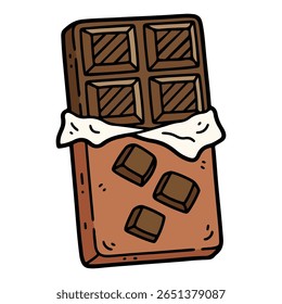 Uma barra de chocolate de desenho animado parcialmente desenrolada, mostrando quadrados individuais. Ilustração de sobremesa doce doce. Vetor isolado para embalagens de alimentos, blogs e projetos com temas doces.