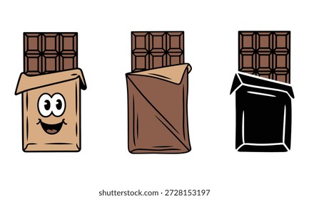 Barras de chocolate de desenhos animados com diferentes embalagens coloridas e rosto sorridente