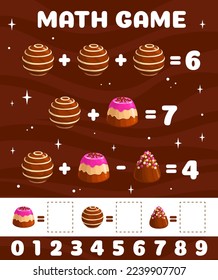 Cartoon chocolate candies. Math game worksheet. Kids mathematical playing activity, addition and subtraction vector game or puzzle for children with chocolate praline dessert, sweet truffle candies