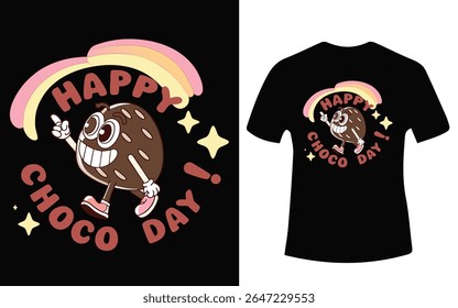 A cartoon chocolate character with a rainbow and stars, celebrating Happy Choco Day, printed on a black t-shirt.