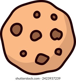 Cartoon chocolate chip cookie, brown with dark spots, white background.