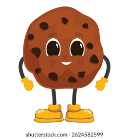 Cartoon chocolate chip cookie character wearing yellow boots and gloves, smiling, isolated on white background