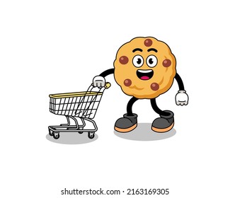 Cartoon of chocolate chip cookie holding a shopping trolley , character design