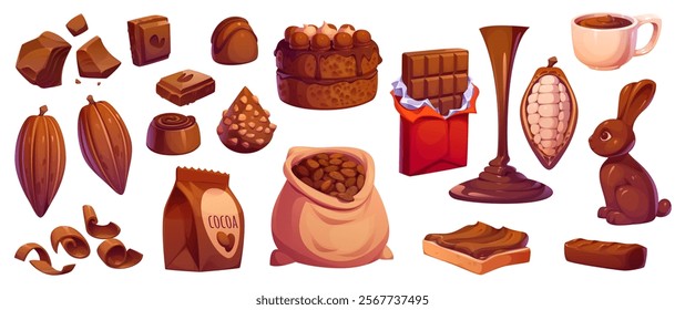 Cartoon chocolate and cocoa candies, bars and cake with cream, shavings and cubes, vector sweets and dessert food. Cocoa fruit and bean bag, melted chocolate, nut bonbon, spread toast and truffle