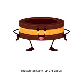 Caricatura de galletas de chocolate. Personaje de cuento de hadas de panadería de galletas de vectores con cara sonriente alegre y ojos felices se paran con los brazos akimbo. Pastel fresco, postre con relleno de crema, galleta crujiente