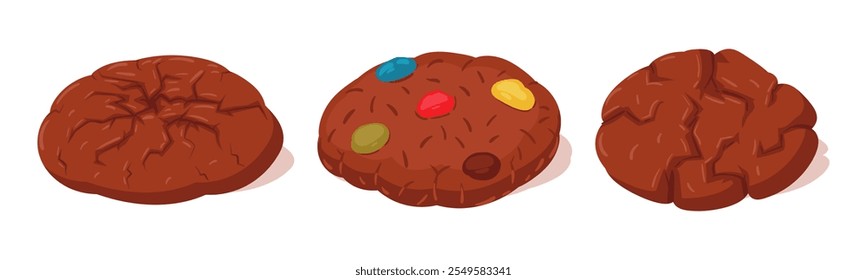 Galletas de chocolate de dibujos animados. Galletas caseras crujientes con colorida dragee, sabroso conjunto de Ilustración vectorial plana de galletas de choco. Pastel de chocolate dulce sobre blanco