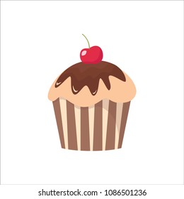 Cartoon chocolate cupcake with cherry on top. Cupcake with chocolate frosting.