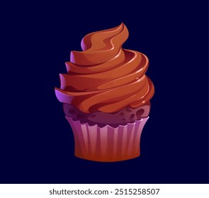 Cartoon chocolate cupcake, confectionery, sweet pastry. Vector muffin made with rich, cocoa-flavored batter with decadent moist texture, decorated with swirled choco frosting on top, sits on paper cup