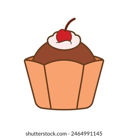 Cartoon chocolate cupcake cute flat sweet dessert muffin snack food with outline vector clip art illustration isolated