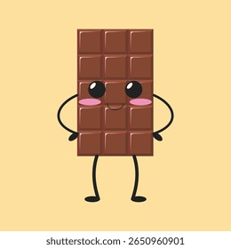 Chocolate Cartoon. Caractere de barra de chocolate bonito. Emoji de chocolate engraçado. 