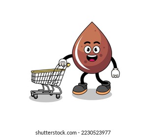 Cartoon of chocolate drop holding a shopping trolley , character design