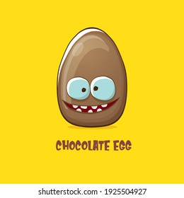 Cartoon Chocolate Easter Egg Cartoon Characters Isolated On Yellow Background. My Name Is Egg Vector Concept Illustration. Funky Sweet Chocolate Easter Egg Character With Eyes And Mouth 