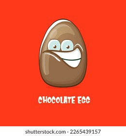 Cartoon chocolate easter egg cartoon characters isolated on red background. My name is egg vector concept illustration. funky sweet chocolate easter egg character with eyes and mouth