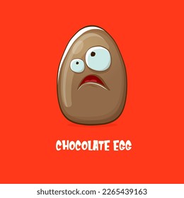 Cartoon chocolate easter egg cartoon characters isolated on red background. My name is egg vector concept illustration. funky sweet chocolate easter egg character with eyes and mouth