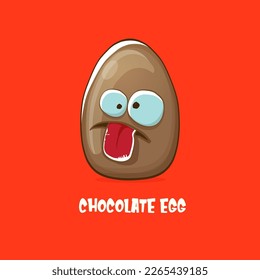 Cartoon chocolate easter egg cartoon characters isolated on red background. My name is egg vector concept illustration. funky sweet chocolate easter egg character with eyes and mouth