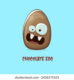 Cartoon chocolate easter egg cartoon characters isolated on blue background. My name is egg vector concept illustration. funky sweet chocolate easter egg character with eyes and mouth