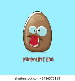 Cartoon chocolate easter egg cartoon characters isolated on blue background. My name is egg vector concept illustration. funky sweet chocolate easter egg character with eyes and mouth