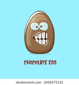 Cartoon chocolate easter egg cartoon characters isolated on blue background. My name is egg vector concept illustration. funky sweet chocolate easter egg character with eyes and mouth