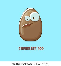 Cartoon chocolate easter egg cartoon characters isolated on blue background. My name is egg vector concept illustration. funky sweet chocolate easter egg character with eyes and mouth