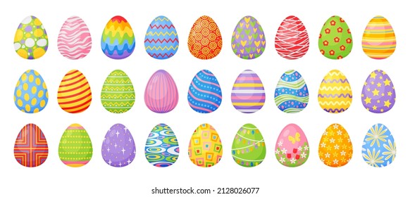 Huevos de pascua de chocolate con dibujos animados, huevos pintados de colores con motivos. Fiesta tradicional de la temporada de primavera, decoración del elemento vector set. Ilustración del dibujo de huevos de Pascua