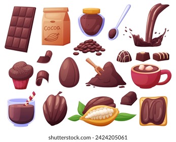 Comida de chocolate con dibujos animados. Cacao líquido caliente, choco salpicado y frijoles. Dulces naturales, caramelos y bares. Muffin y polvo, hoy en día vector clipart