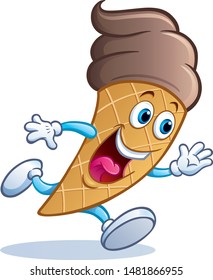 Cartoon of a chocolate ice cream cone that is running wildly and smiling.