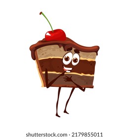 Caricatura de un trozo de tarta de chocolate. Vector aislado alegre y divertido postre pastel de choco con cereza encima. Personaje de pastelería para el menú de café para niños. Postre pastelería o panadería, pastelería dulce