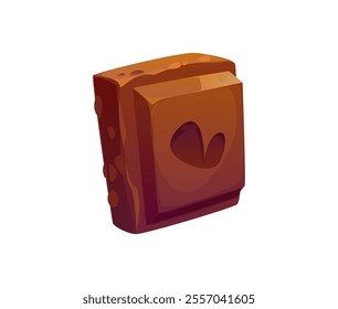 Cartoon chocolate square piece, sweet indulgent dessert with carved heart symbol in the center. Isolated vector chocolate treat, sugary food, confectionery has a smooth, glossy surface in brown tones