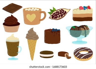 Cartoon chocolate sweets, dessert, vector illustration. Set of flat stickers isolated on white. Choco confectionery, homemade kraft cupcakes, delicious ice cream and cacao drinks.