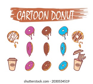 Cartoon chocolate, vanila and colorful donut with sprinkle and coffee spilled vector illustration