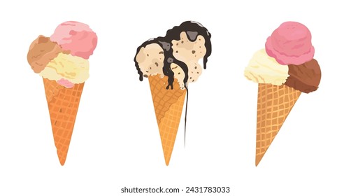 Cartoon chocolate, vanilla and strawberry Ice cream in the cone, vector illustration isolated on White background.