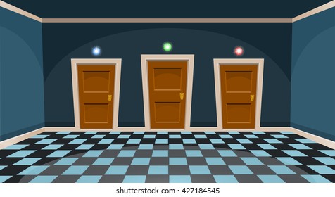 Cartoon "choose a door" concept. Empty room with three door in blue style. Vector illustration