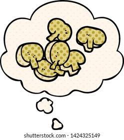 cartoon chopped mushrooms with thought bubble in comic book style