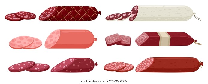 Cartoon chopped sausages. Butcher shop meat products, fresh semi-finished sausages and frankfurters flat vector illustration set on white background