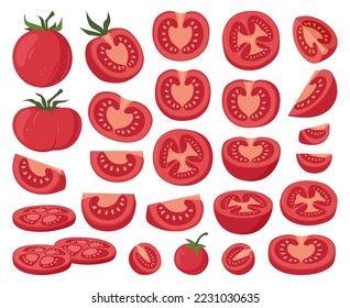 Cartoon chopped tomatoes, red vegetable slices. Tomato half, fresh red tomatoes slice, organic vegetables with yellow seeds flat vector illustration set. Chopped tomato collection