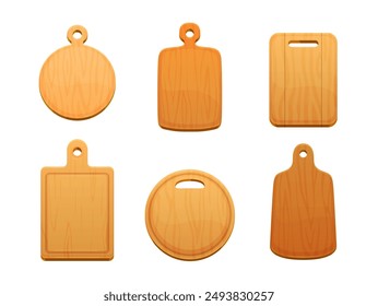 Cartoon chopping boards. Vector set of wooden kitchen cutting boards, items for cooking food vary in shapes and sizes. Round, rectangular tray, paddle-shaped utensils with wood grain patterns