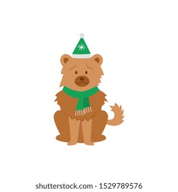 Cartoon chow chow dog wearing green Christmas hat and scarf sitting isolated on white background - domestic animal in festive clothes, flat vector illustration.