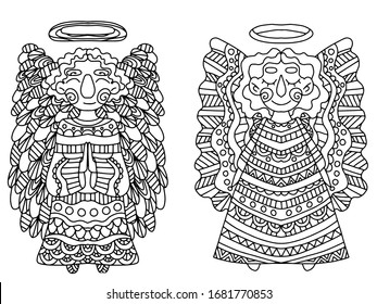 Cartoon christian characters coloring page for kids and adults. Two angels detailed ornamental black outline on white background. Anti stress stock vector illustration. Smiling angels with grand wings.