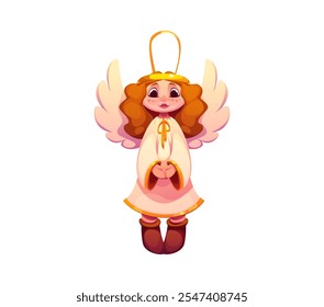 Cartoon Christmas angel toy character embodying holiday spirit. Isolated vector angelic personage with sweet face, rosy cheeks, warm smile, white flowing gown, tiny wings and gold halo above its head